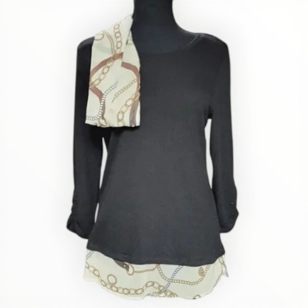 NWT Soleillee Mock Layered Blouse Women’s Small Black Knit Chain Print